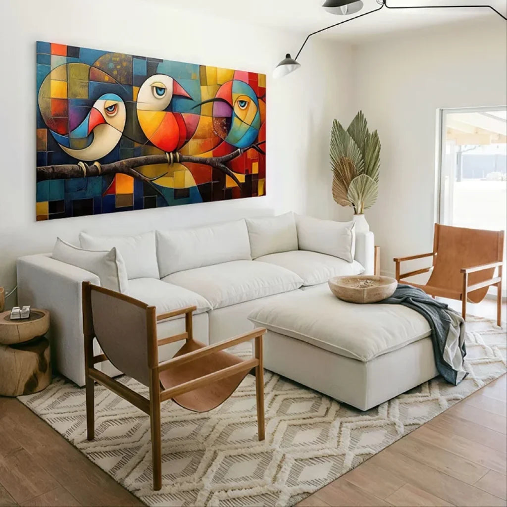 Toile imprimée artistique d’oiseaux géométriques sur fond coloré accrochée dans un séjour contemporain

