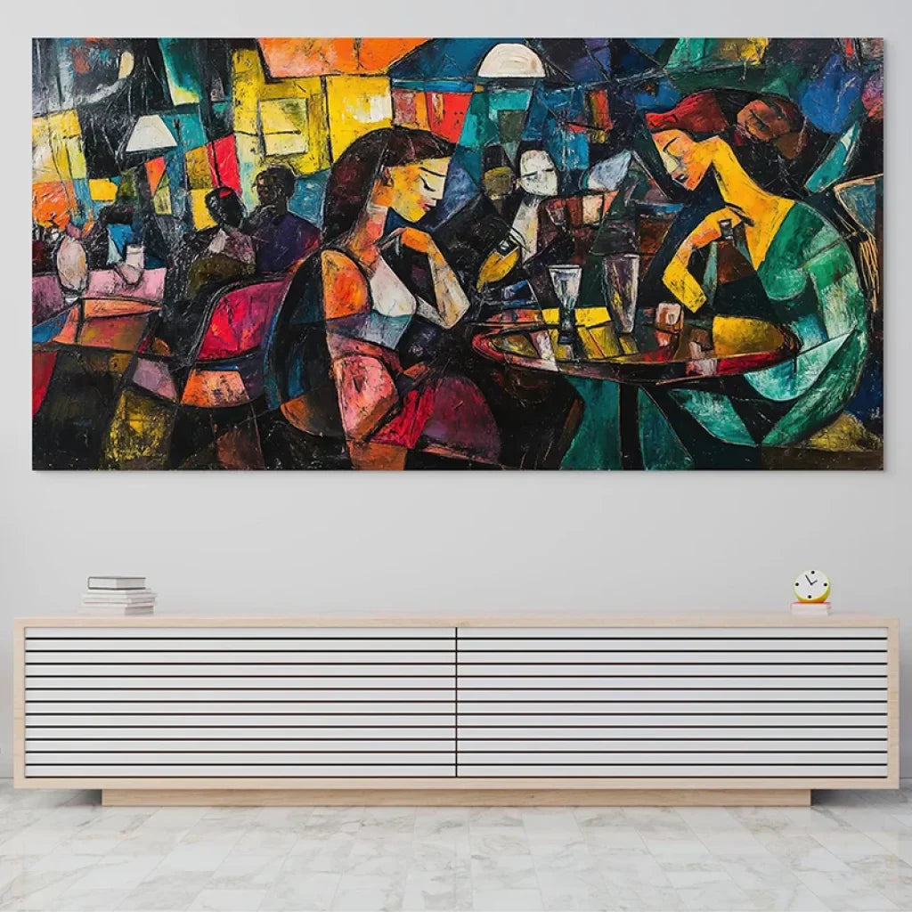 Tableau cubiste de scène de café aux couleurs vives