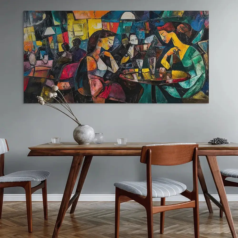 Tableau abstrait bistro nocturne avec conversations et verres