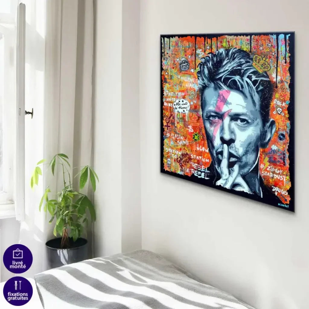 Tableau David Bowie Street Art avec cadre flottant noir – finition premium moderne