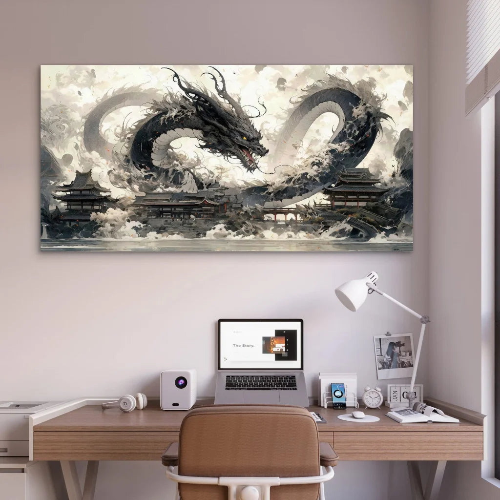 Tableau dragon noir Shenron Sombre en toile tendue sur châssis pour décoration intérieure

