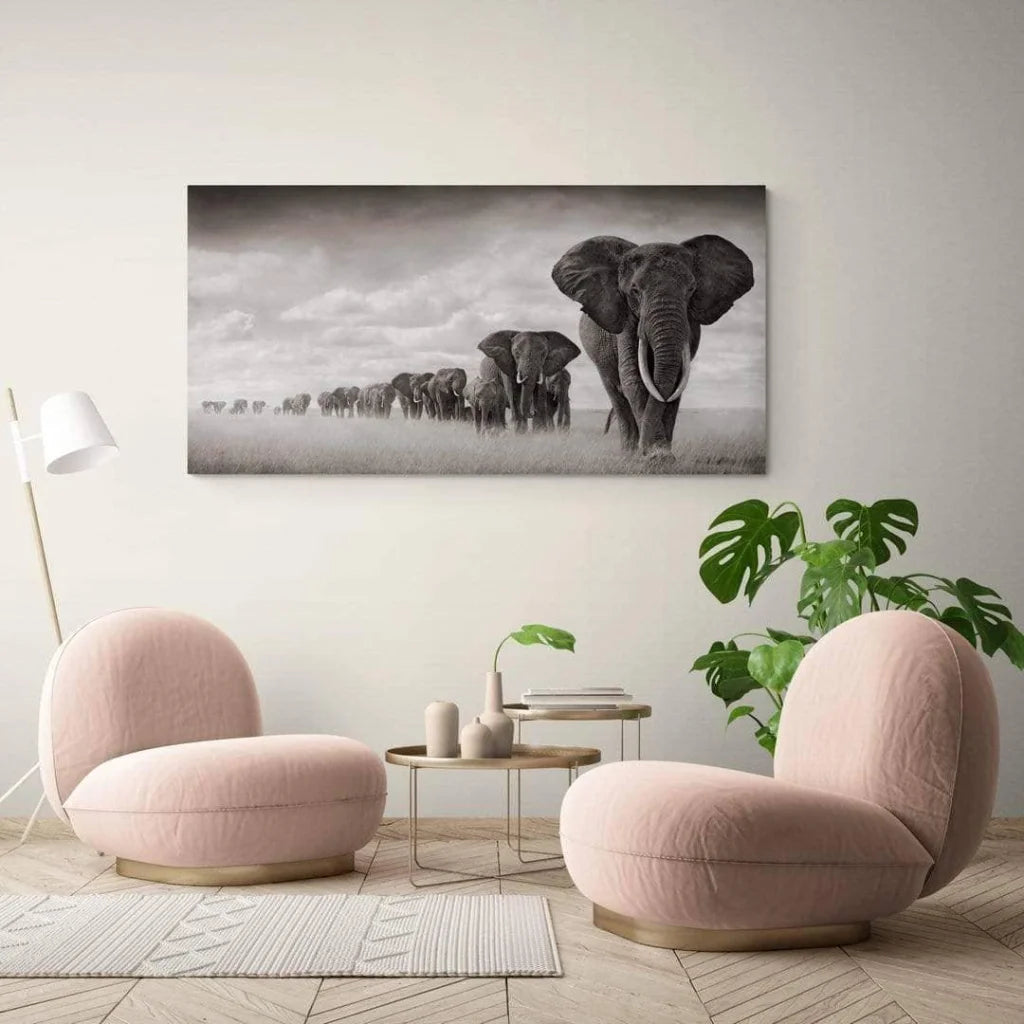 Tableau Éléphant Noir et Blanc le Troupeau - Montableaudeco