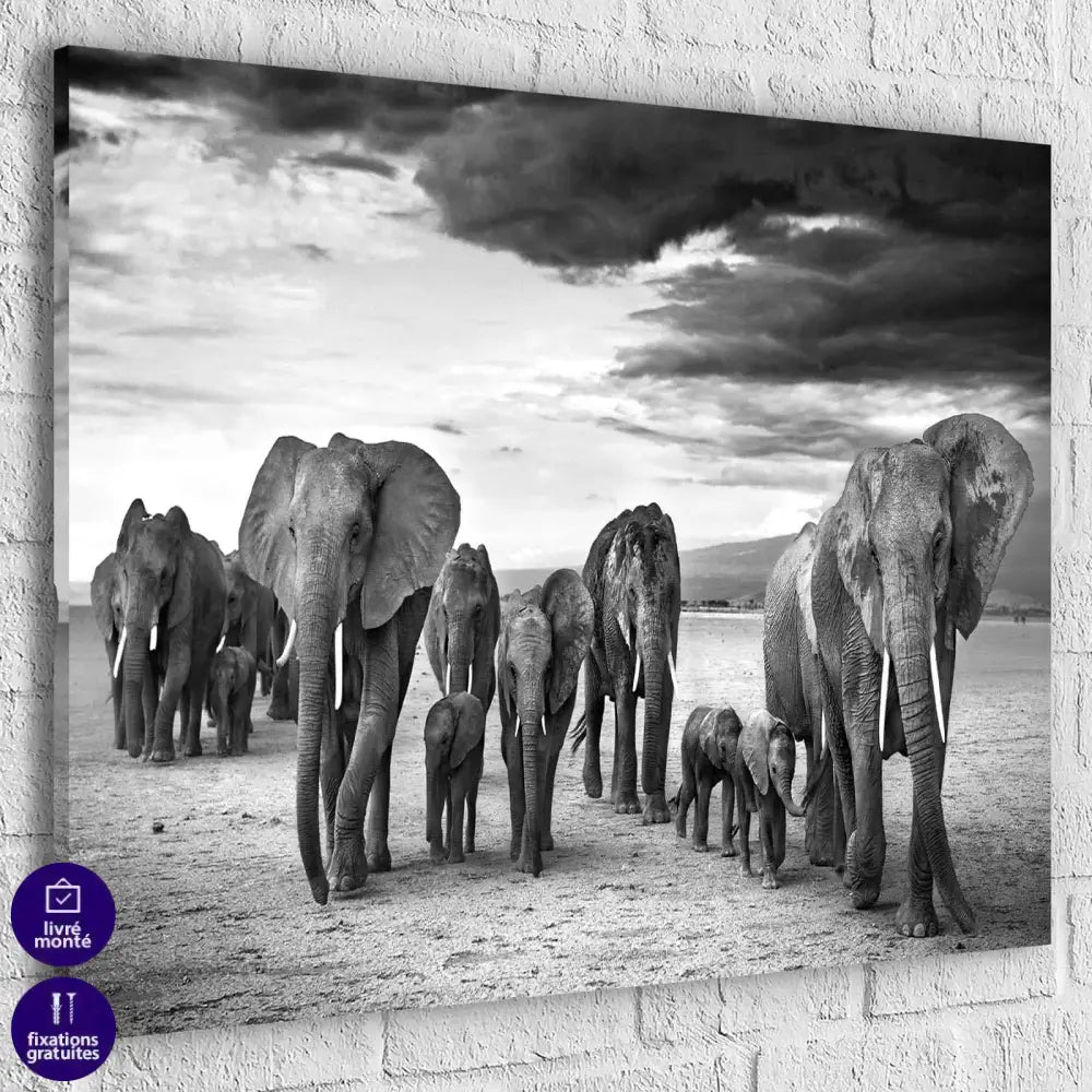 Tableau Eléphant Noir et Blanc Le troupeau - Montableaudeco