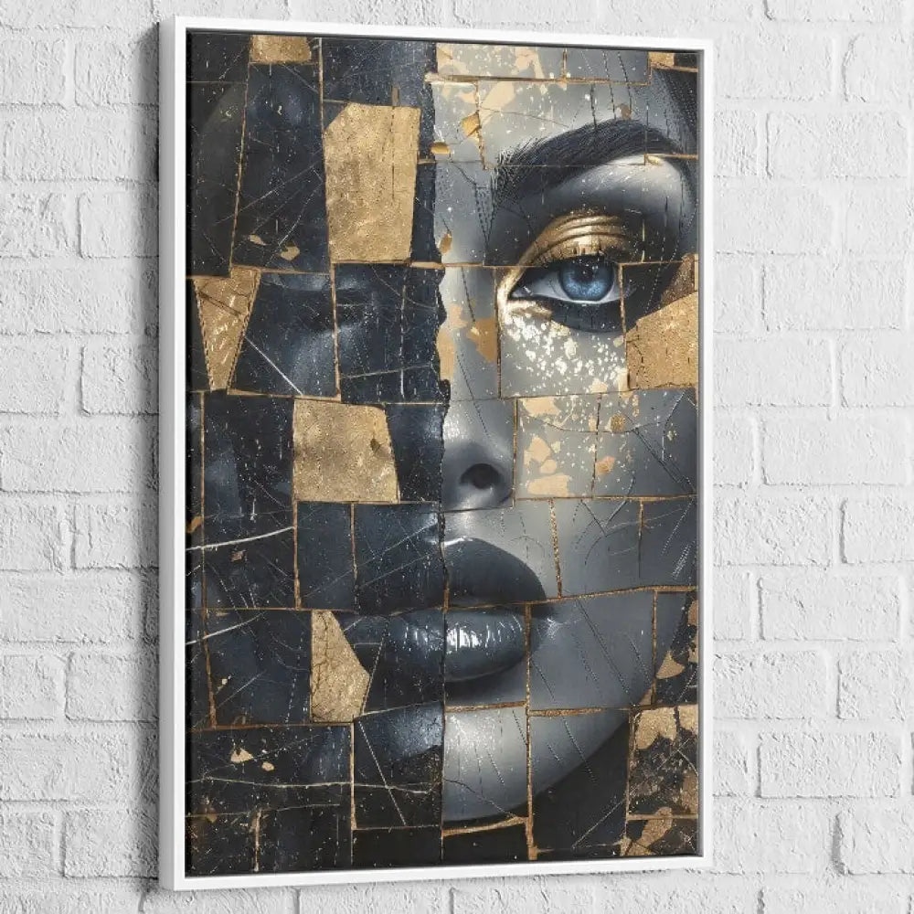 Détail artistique d’un visage féminin avec textures craquelées et dorures

