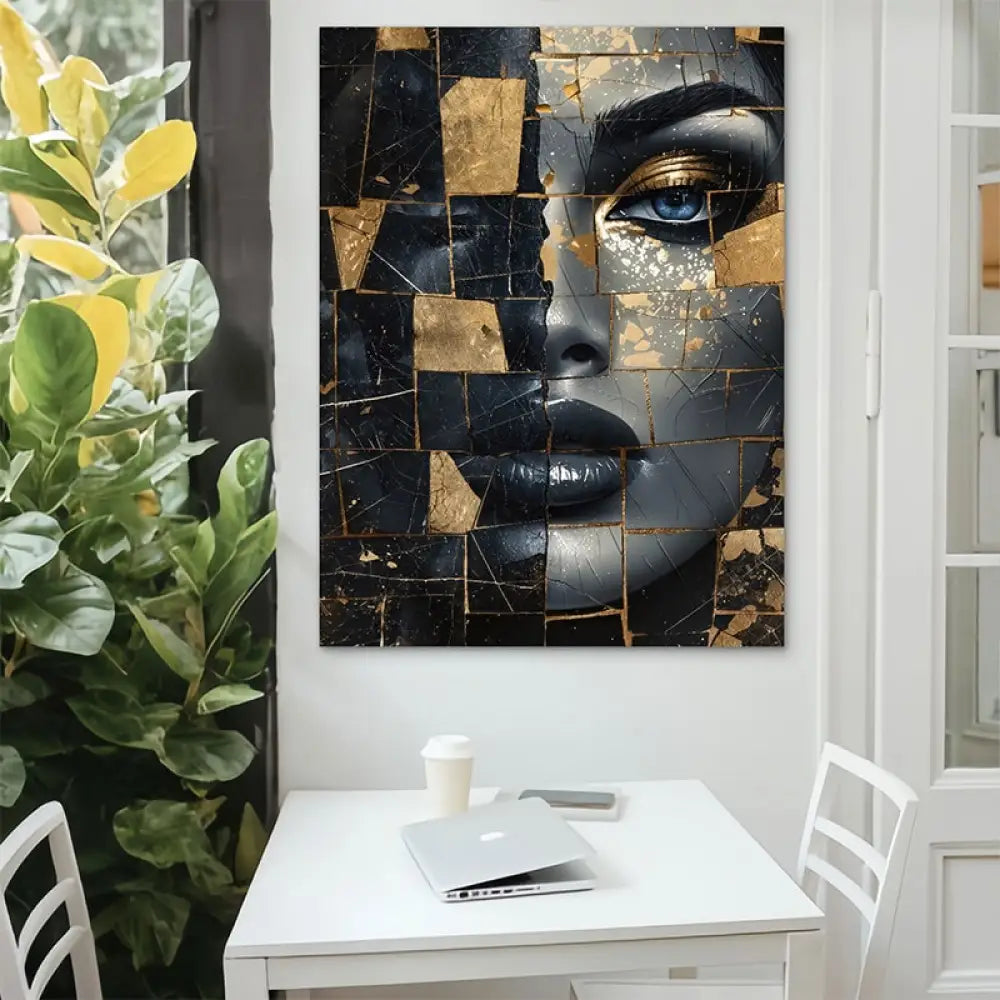 Portrait féminin fragmenté avec effets dorés et regard intense

