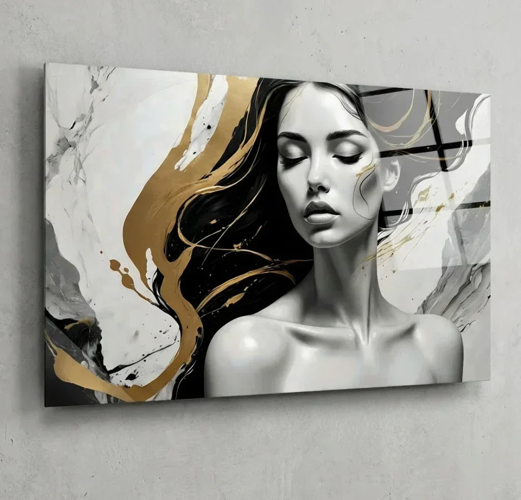 Modern art painting of a woman in black and gold