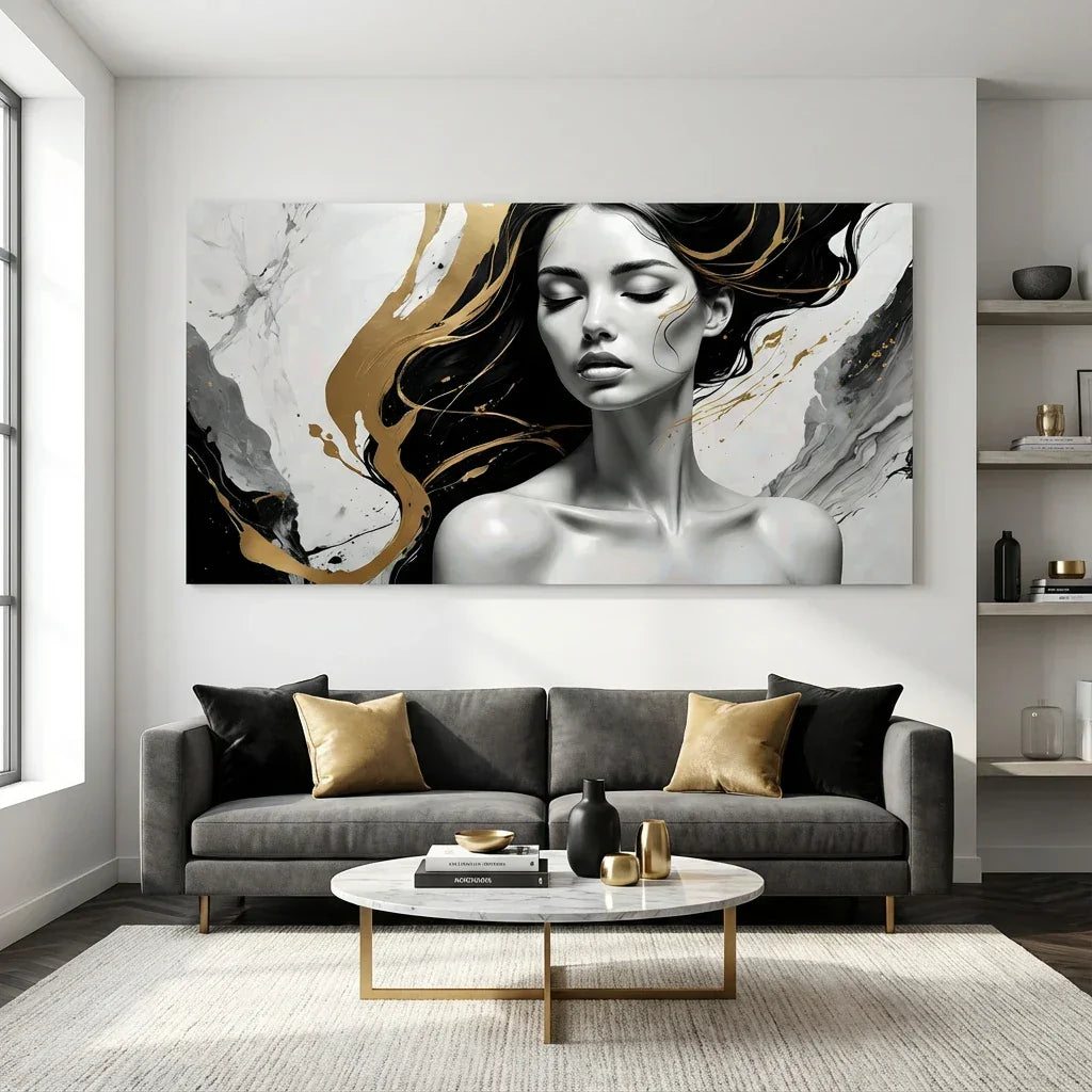 Abstract black, white, and gold portrait painting of a woman