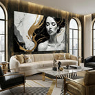 Abstract art painting of an elegant woman in black and gold