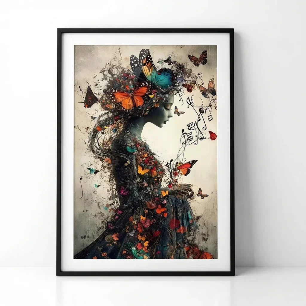 Artistic wall decoration featuring a woman, explosion of colors and butterflies, music theme