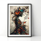 Artistic wall decoration featuring a woman, explosion of colors and butterflies, music theme