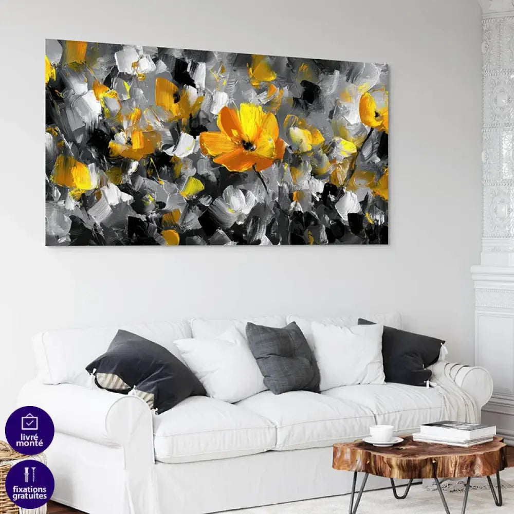 tableau fleur jaune abstrait moderne gris