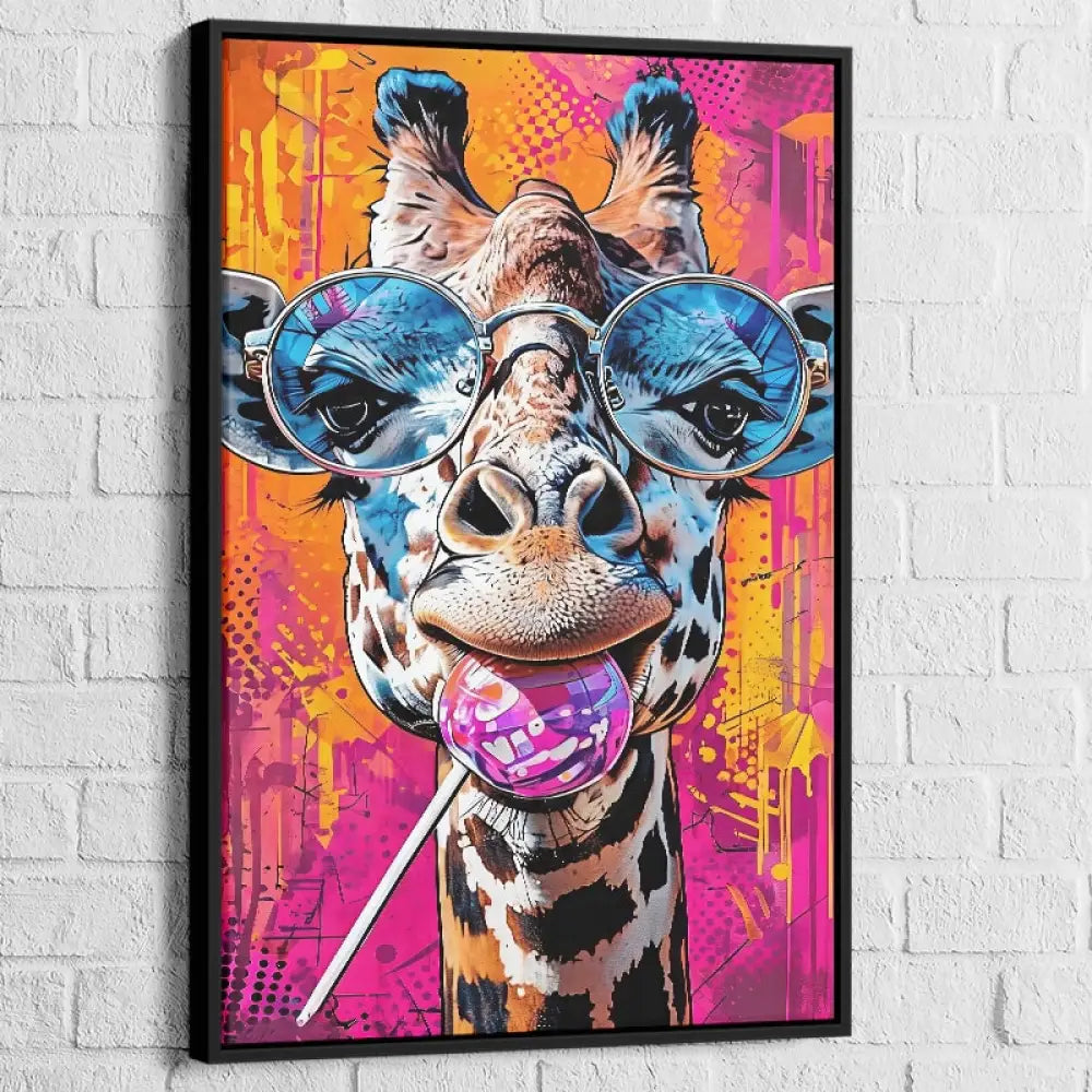 Tableau Girafe Pop Art Lunettes 40x60cm / Cadre Noir Tableau Girafe