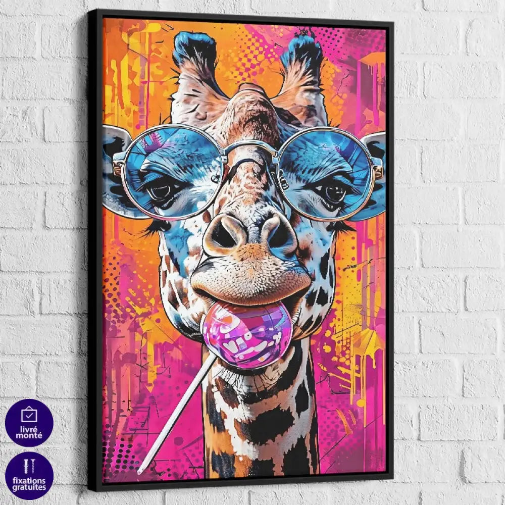 Tableau Girafe Pop Art Lunettes 40x60cm / Cadre Noir Tableau Girafe