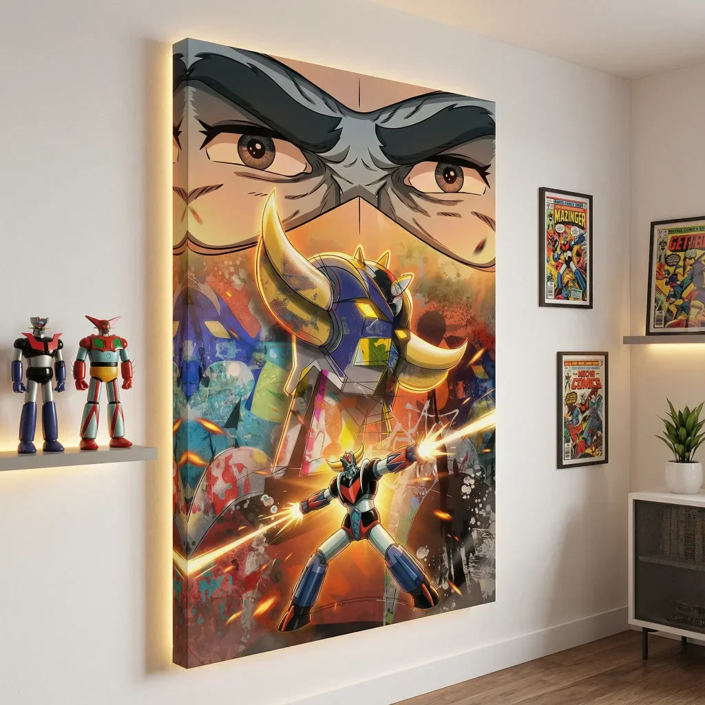 Goldorak Actarus futuristic battle painting, dynamic colors