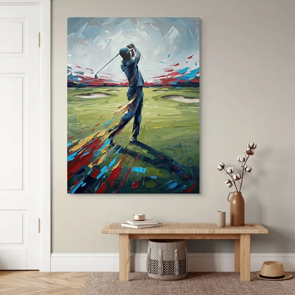 Tableau golf sur le green avec golfeur en plein swing