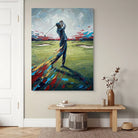 Tableau golf sur le green avec golfeur en plein swing
