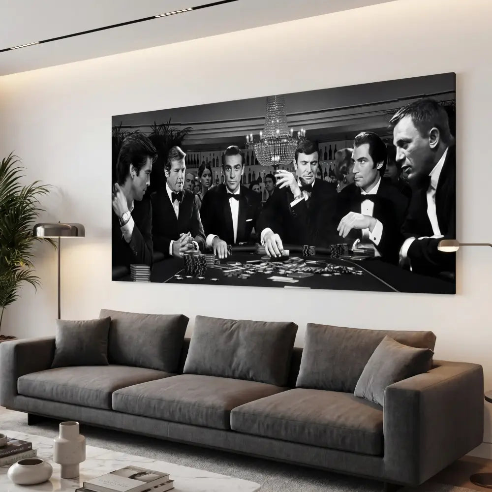 James Bond – La Partie, tableau décoratif noir et blanc sur mur minimaliste, léger angle de vue