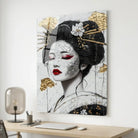 Tableau femme geisha contemporaine avec touches dorées et rouges