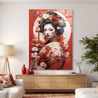 Japanese woman painting with red flowers wall art