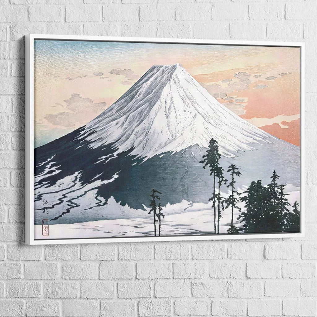 Hiroshi Mount Fuji painting with White Floating Frame, illuminated