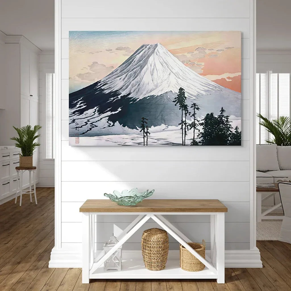 Painting of Mount Fuji, with pine trees in the foreground and snow-capped peaks