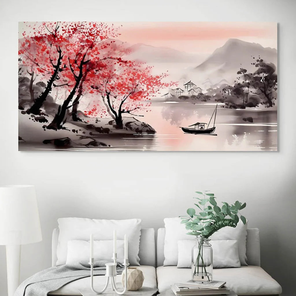 Tableau Japonais Lac des Cerisiers 40x80cm / Toile tendue sur châssis Tableau moderne