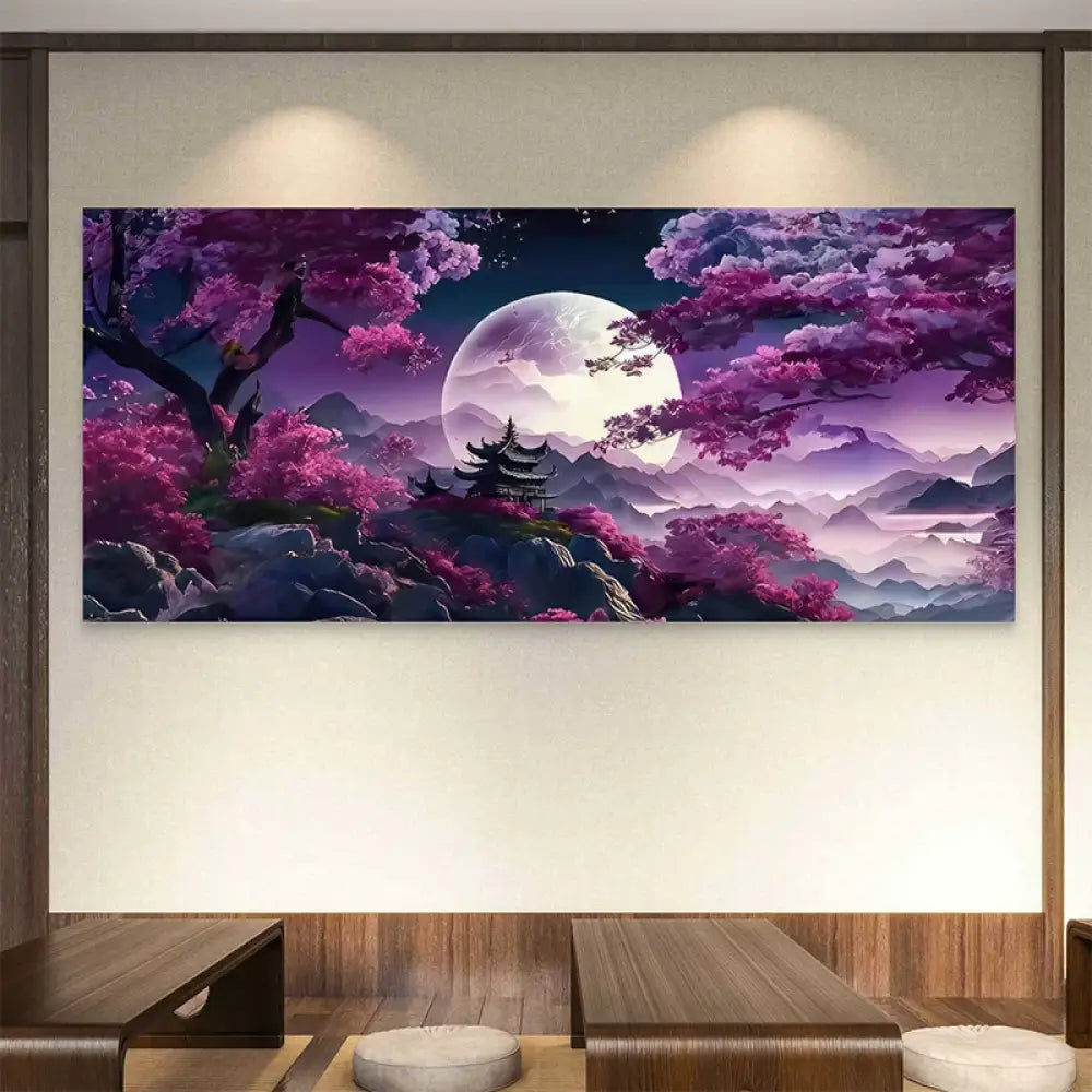 Paysage artistique style japonais avec montagne, brume et sakura

