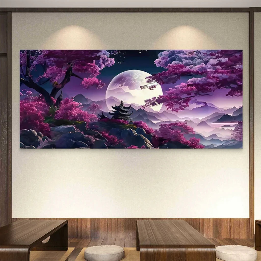 Paysage artistique style japonais avec montagne, brume et sakura

