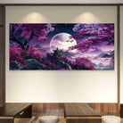 Paysage artistique style japonais avec montagne, brume et sakura

