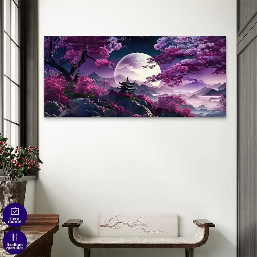 Décoration murale zen avec temple japonais et fleurs de cerisier

