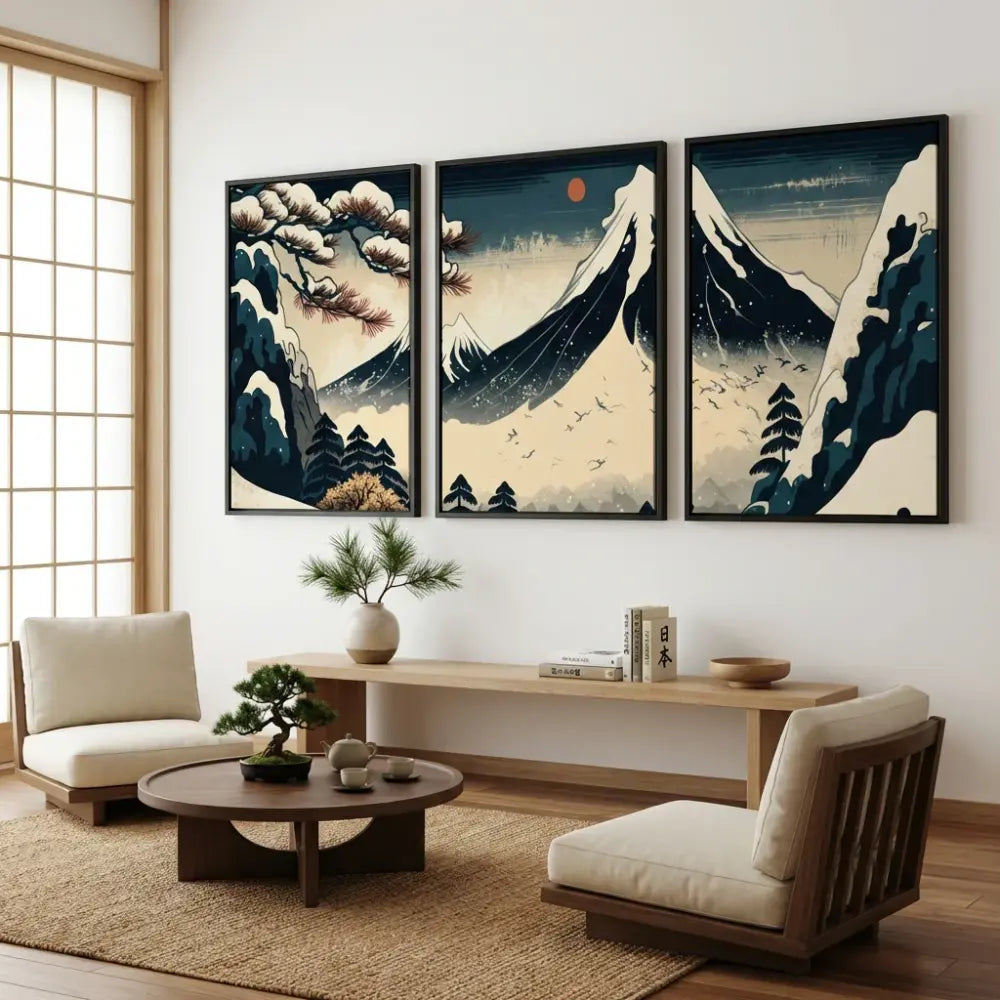 Tableau Japonais Triptyque – Paysage Mont Fuji Enneigé - 40x60cm X3 / Cadre Noir - Tableau Japonais