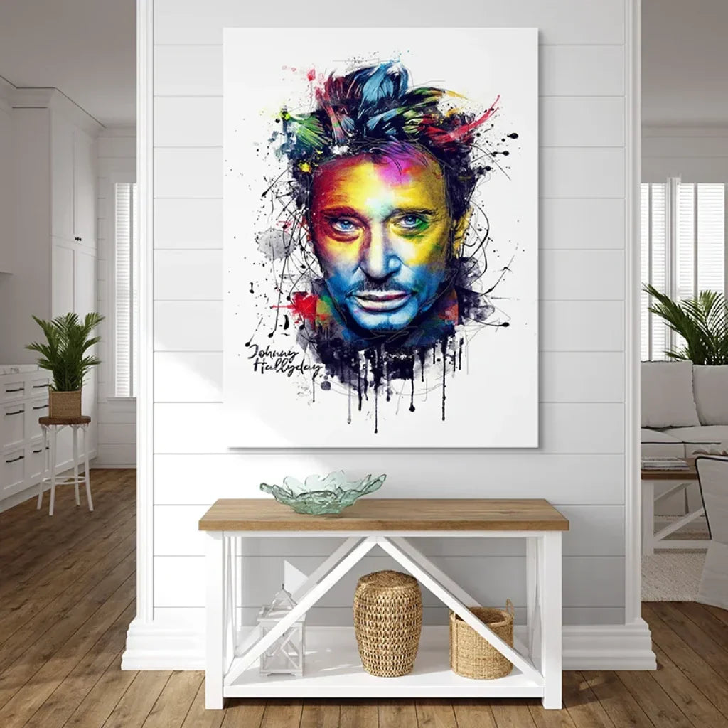 Johnny Hallyday watercolor painting, expressive multicolored portrait