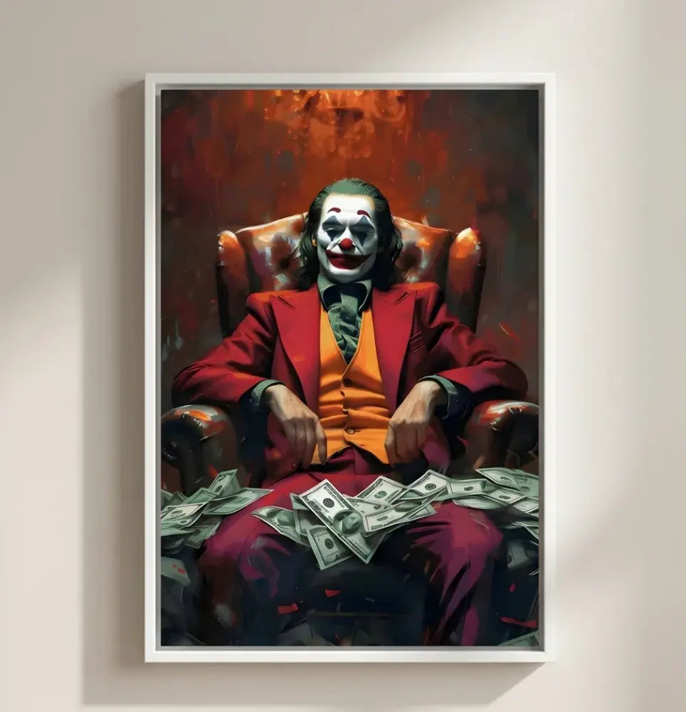 Joker Clown Painting Rich white floating frame, contrasting modern decor
