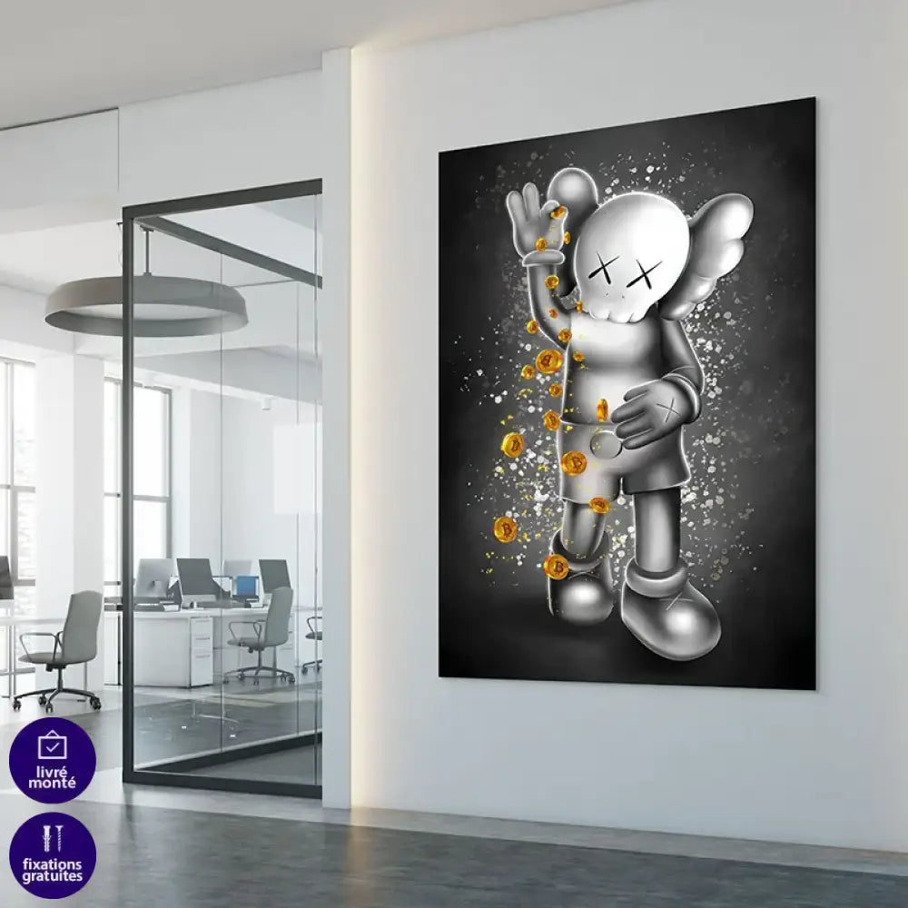 Tableau Kaws – Bitcoin Shower, personnage argenté et pluie de pièces