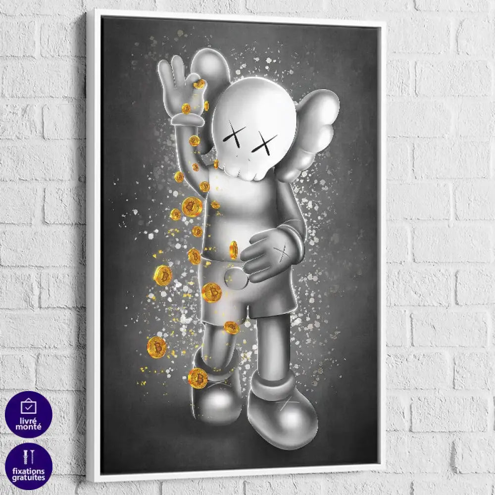 Tableau Kaws – Bitcoin Shower avec cadre blanc, finition lumineuse