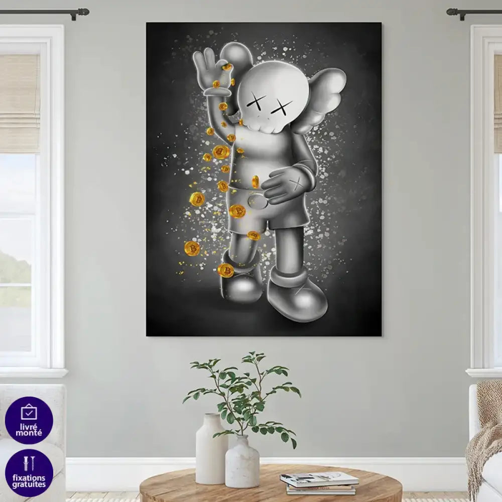 Tableau Kaws grand format, icône X-eyes et or scintillant