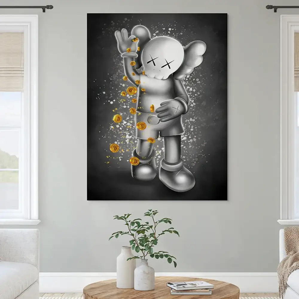 Tableau Kaws grand format, icône X-eyes et or scintillant