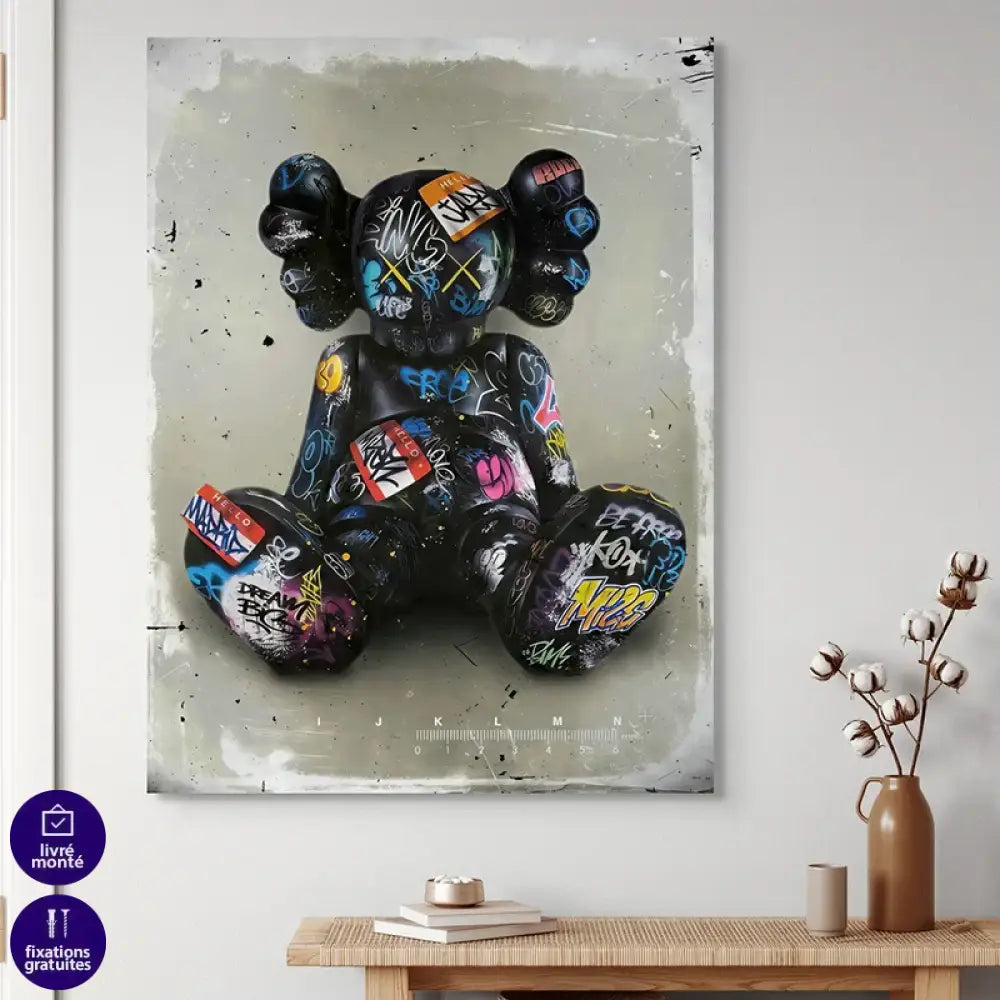 tableau kaws black pop personnage assis noir mat tags et stickers