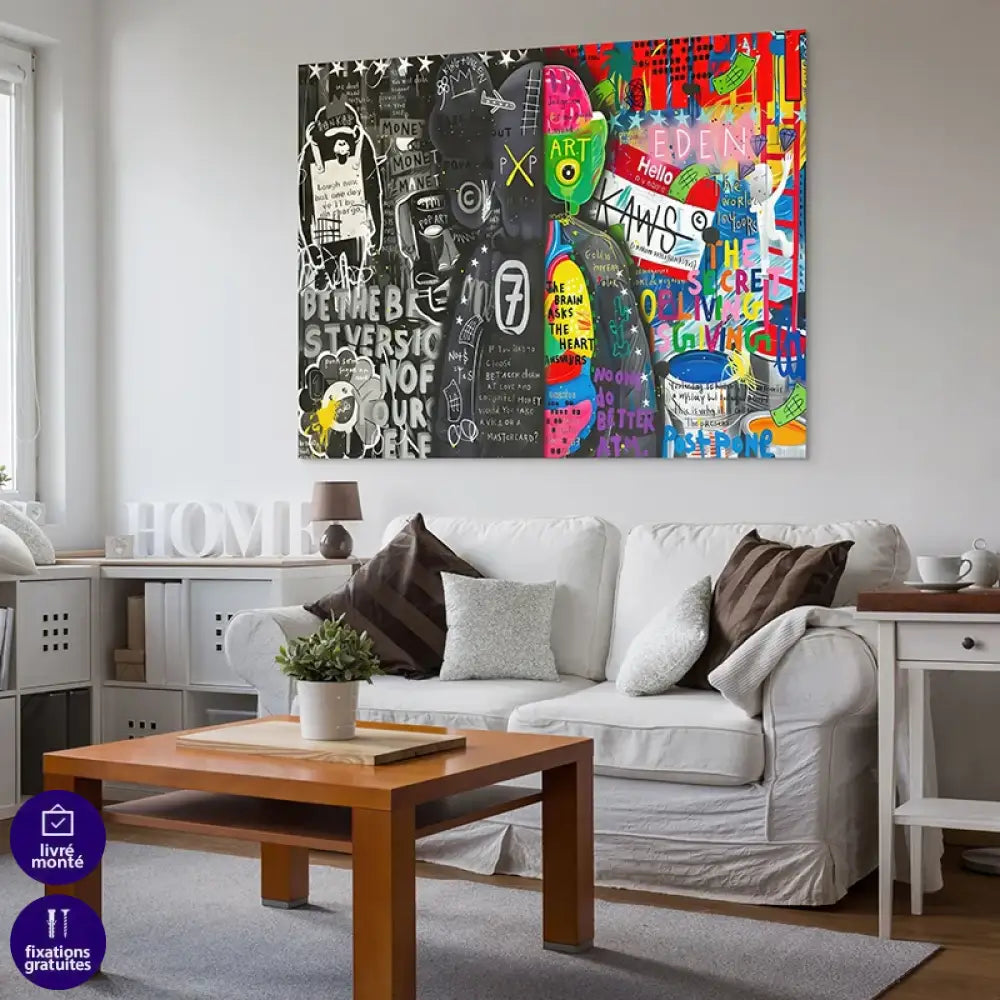 art mural street art kaws graffiti notes contraste noir et néon