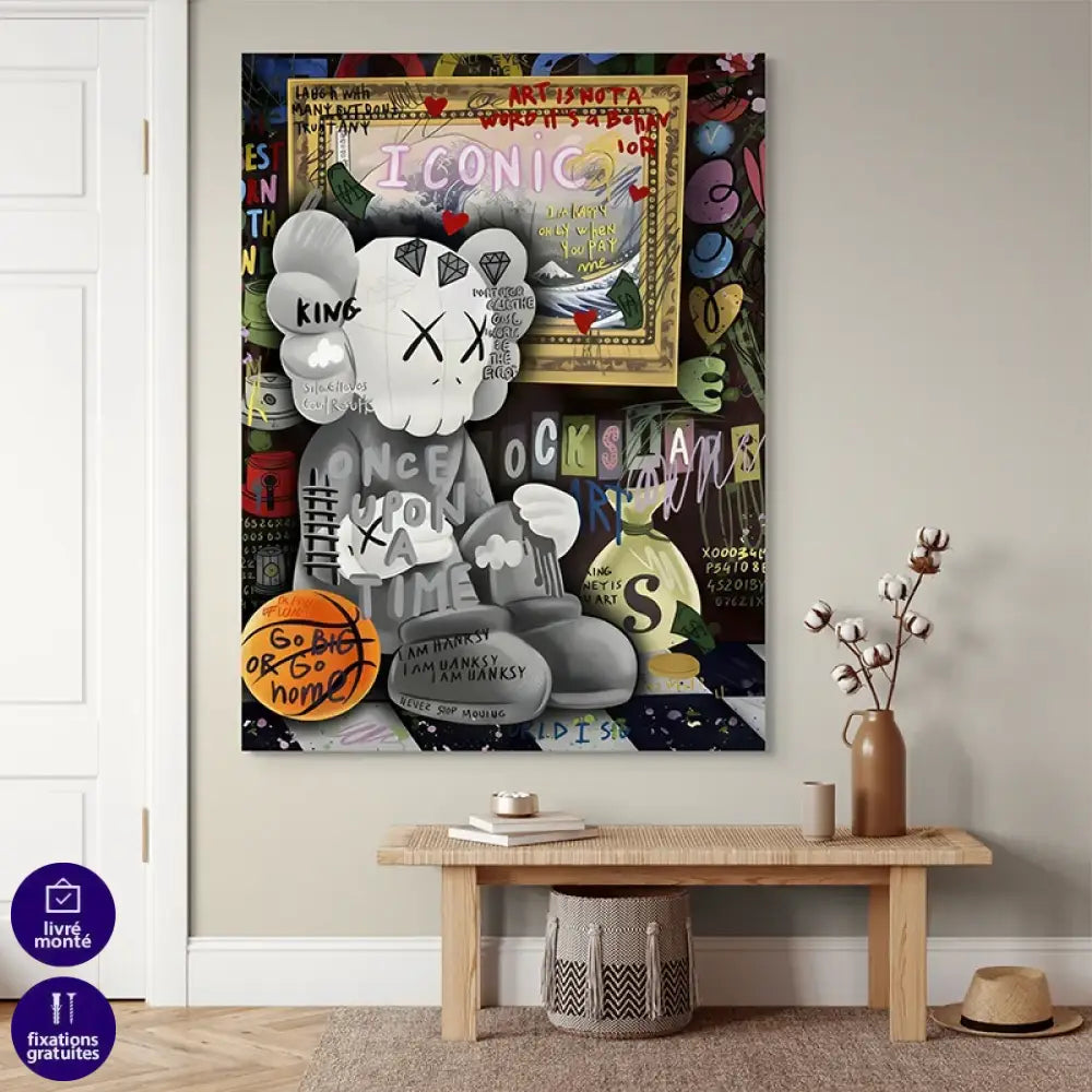 Toile Kaws street-pop, tags multicolores et messages manuscrits