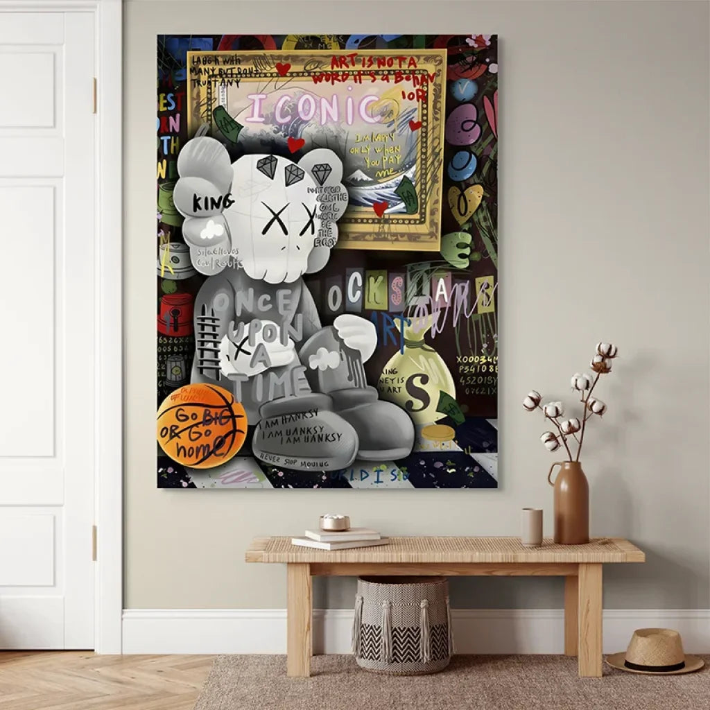 Toile Kaws street-pop, tags multicolores et messages manuscrits