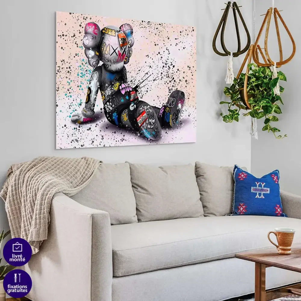 tableau graffiti urbain fond pastel rose gris bleu déco urbaine moderne