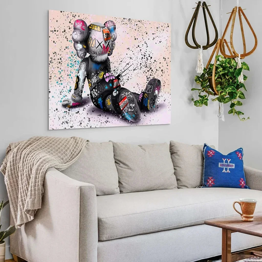 tableau graffiti urbain fond pastel rose gris bleu déco urbaine moderne