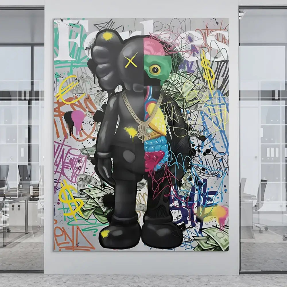 Toile Kaws graffiti néon, détails money-art et spray coloré