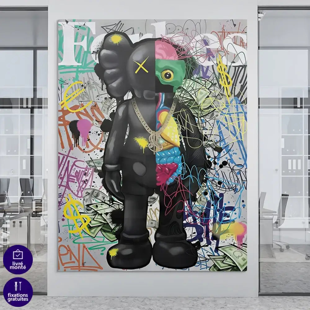 Toile Kaws graffiti néon, détails money-art et spray coloré