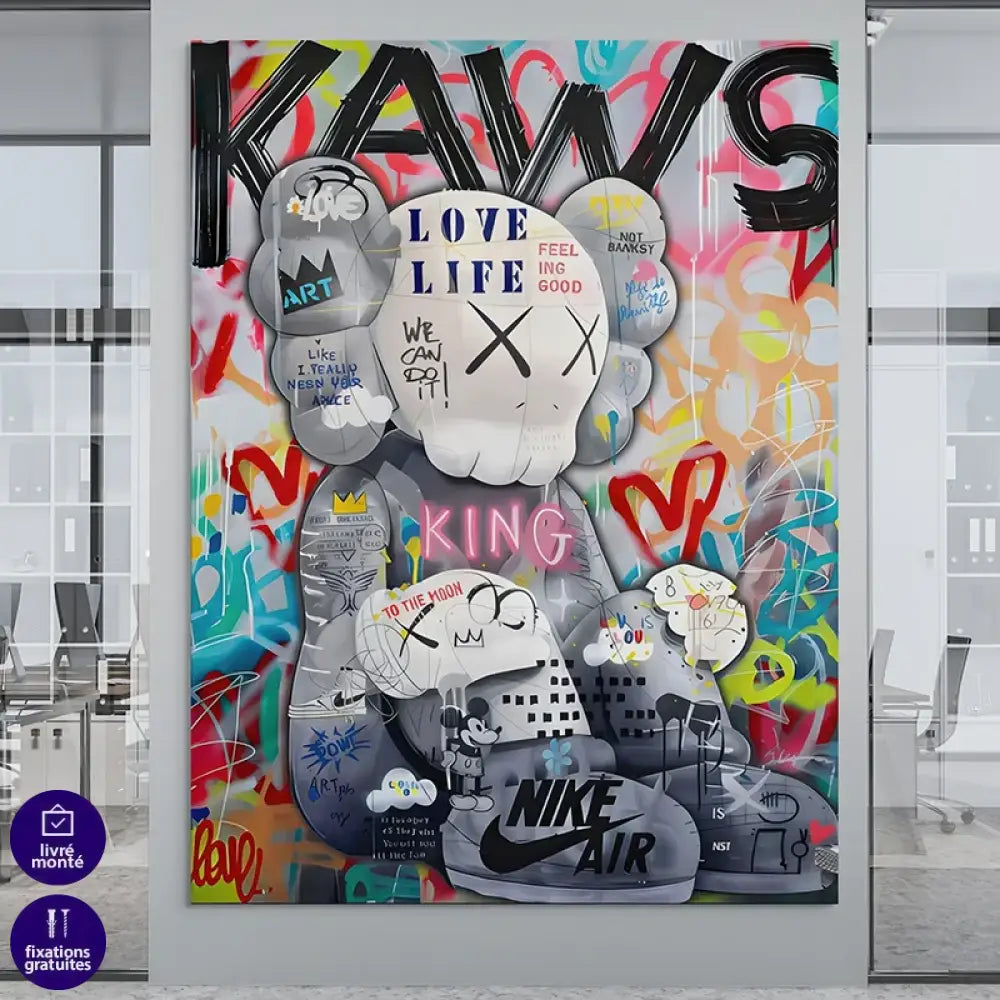kaws pop graff personnage urbain sur fond coloré typographies