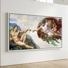 The Creation of Adam painting with white floating frame, elegant wall decoration