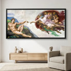 Michelangelo painting The Creation of Adam framed in a black floating frame, gallery style