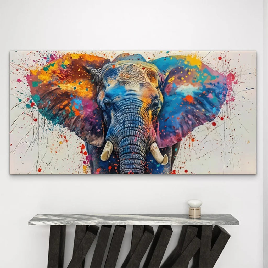 Tableau coloré Explosion Sauvage avec éléphant majestueux pour salon ou chambre contemporaine

