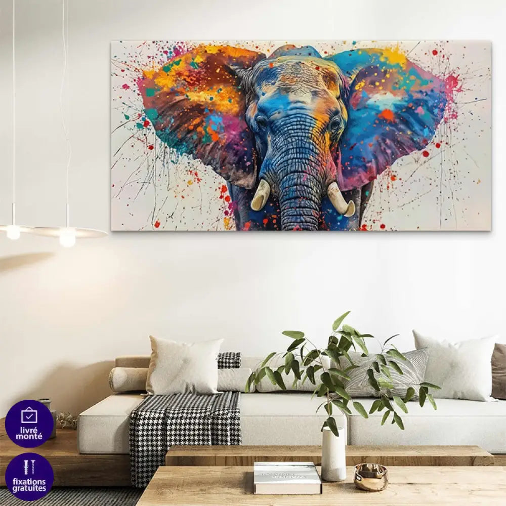 Tableau Moderne Explosion Sauvage avec éléphant pop art et éclaboussures de peinture colorées


